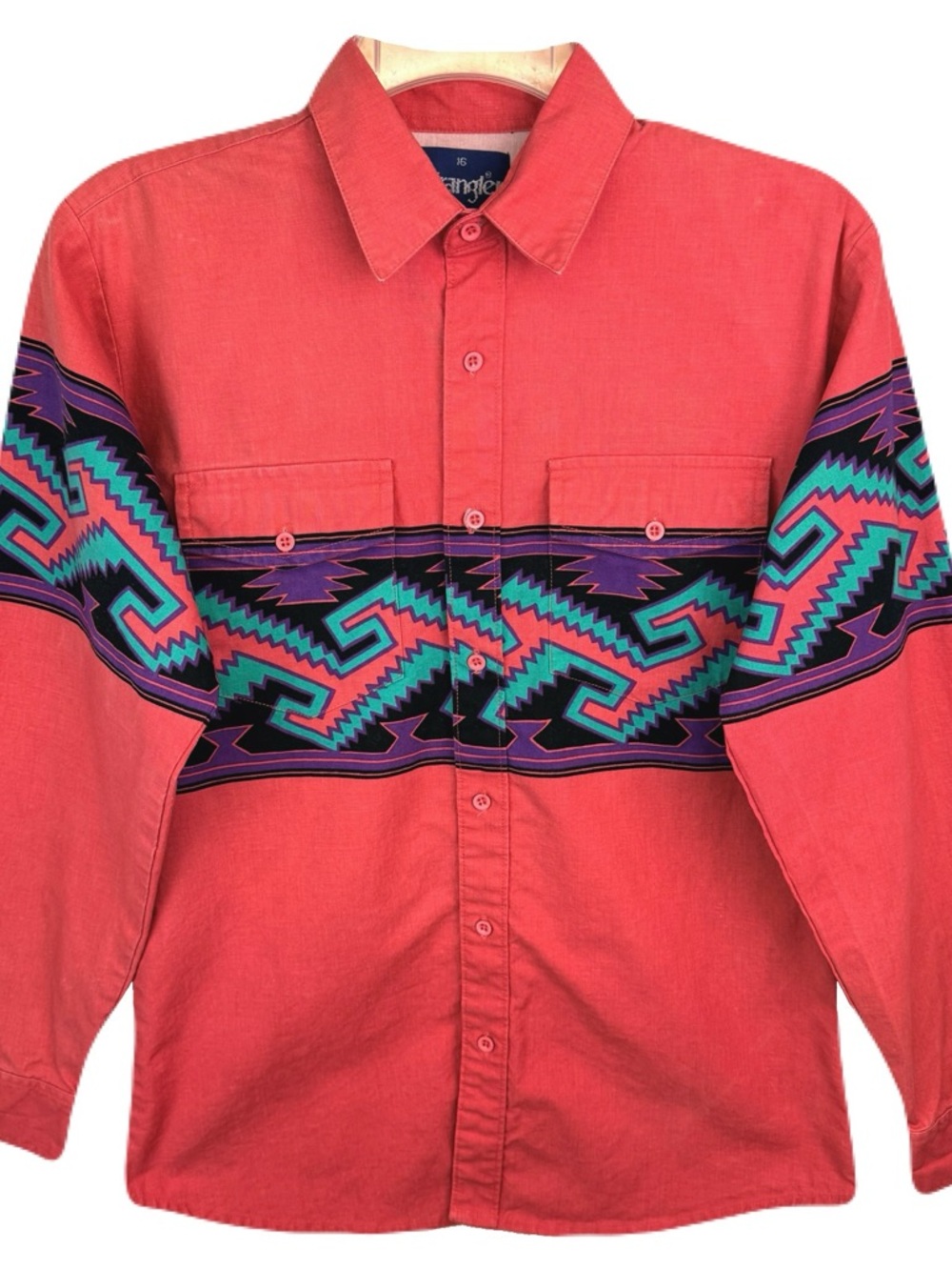 *SOLD!* Wrangler Coral Button-Down Shirt with Aztec Stripe